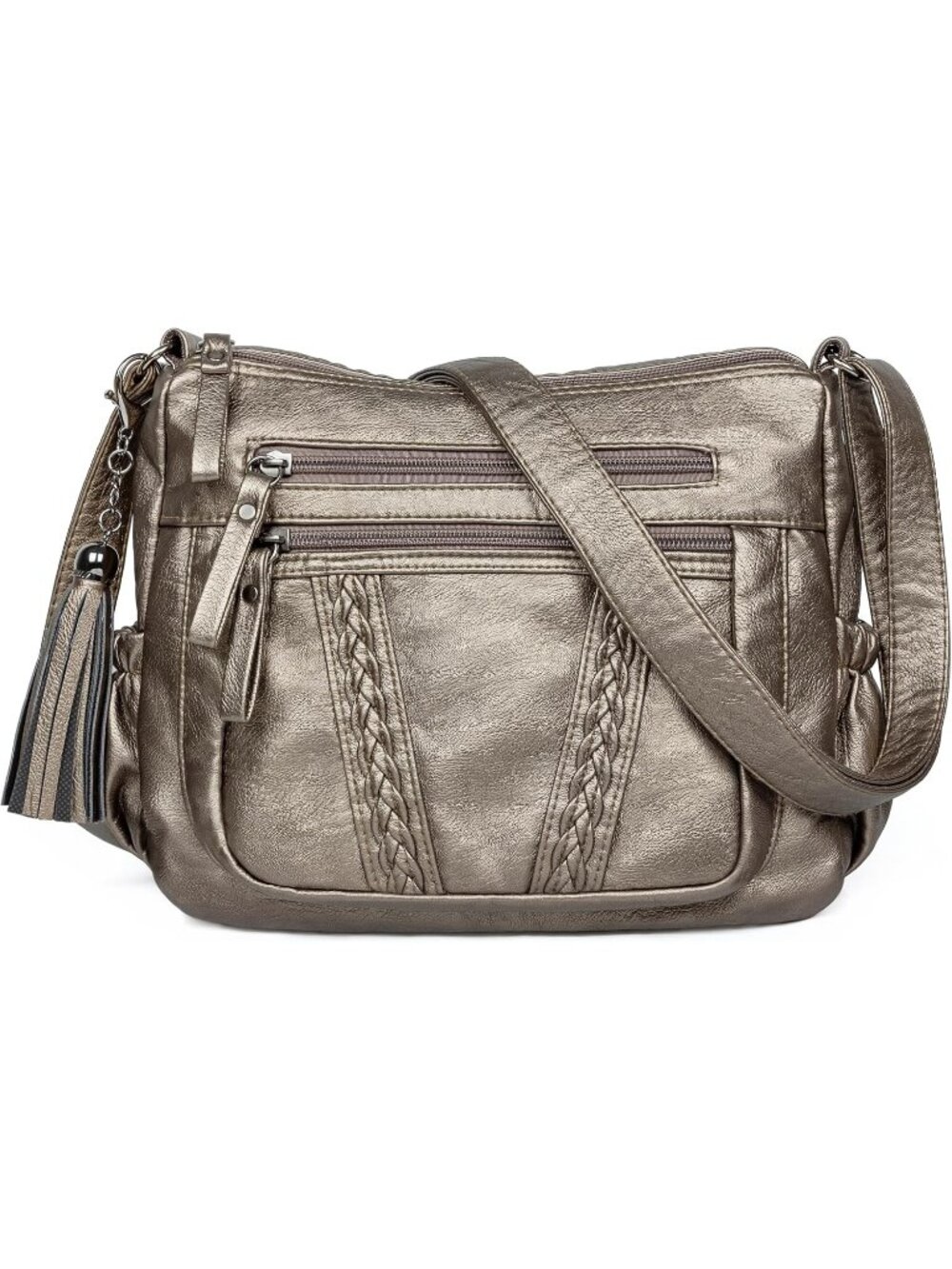 Women's Silver Soft PU Leather Crossbody Bag With Tassel Handbag Pocketbooks